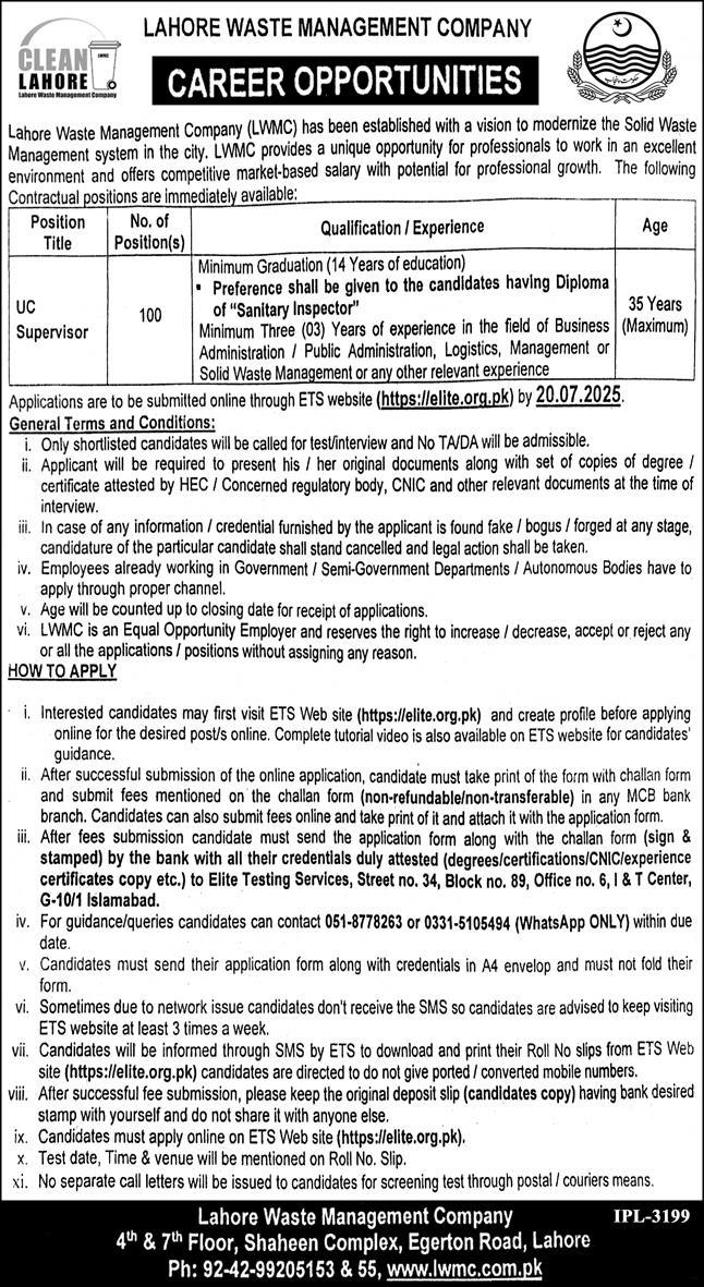UC Supervisor Jobs in Lahore Waste Management Company Lahore